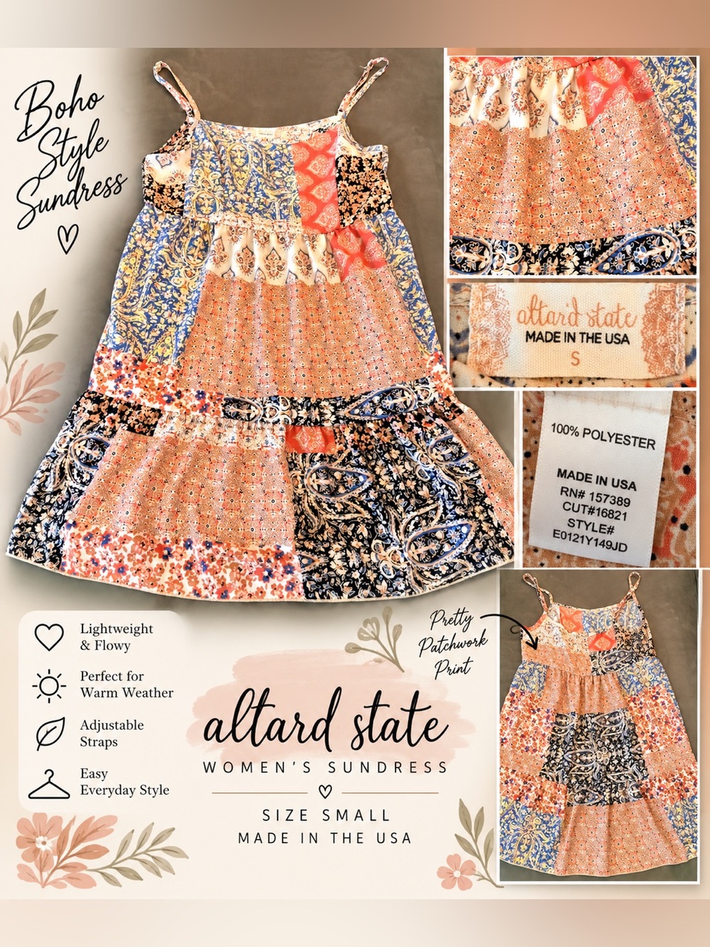 Altar'd State Peach, Blue & Cream Patchwork Sundress
